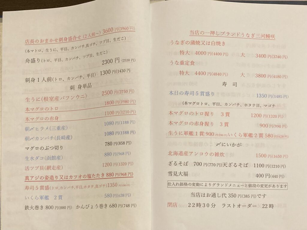 その他のメニュー(刺身、寿司、他)